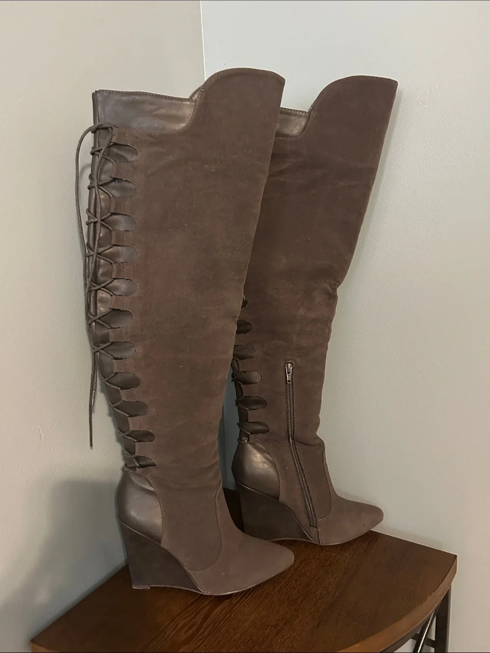 Women's Dark Grey Suede Over-the-Knee Wedge Boots
